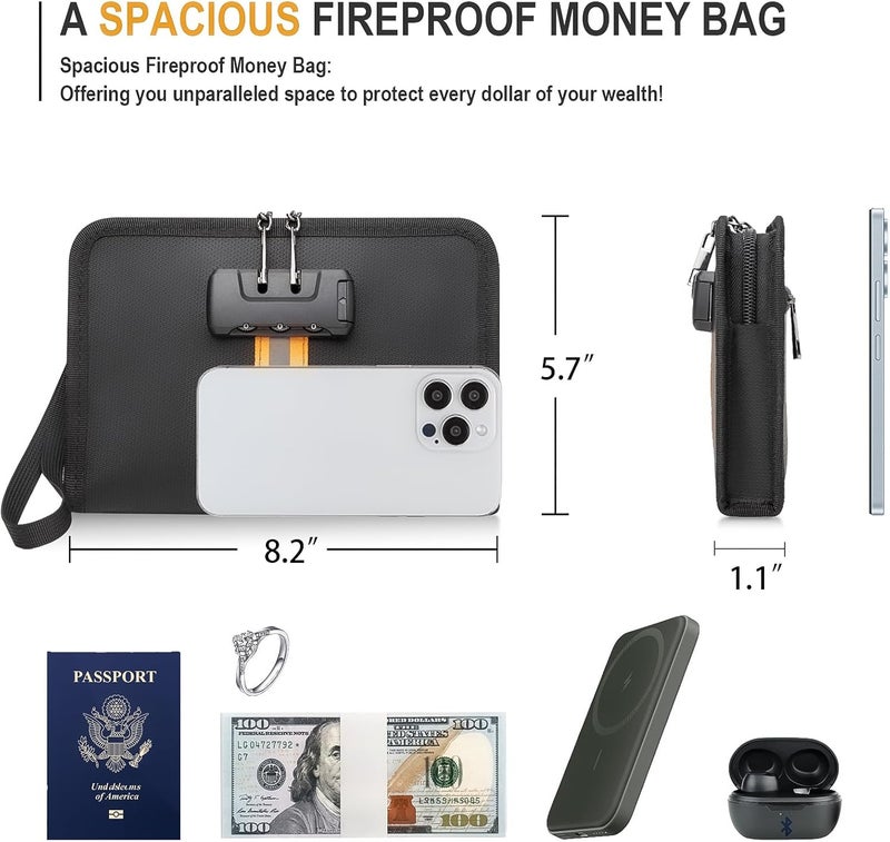 XIAODUN Fireproof Money Bag,Money Bag with Lock and Zipper,Safe Fireproof Waterproof,Suitable for Cash, Mobile Phones, Keys, Credit Cards - Image 3